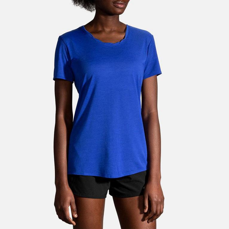 Brooks DISTANCE Short Sleeve Running Shirt Womens Outlet - Blue (OGE781235)